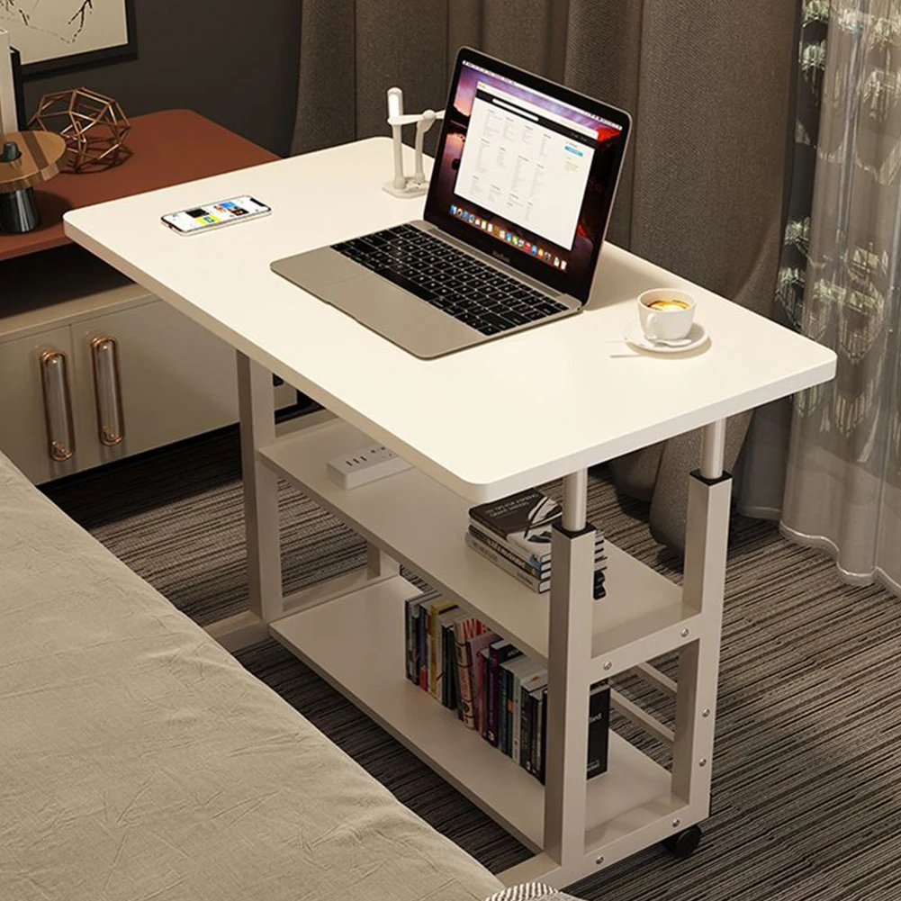 Adjustable Bedside Laptop Desk Multi-Layer Storage Height Adjustable Table with High-Gloss Wood Panel Metal Frame for Home Offic