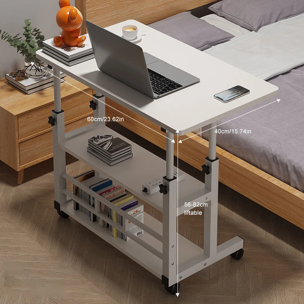 Adjustable Bedside Laptop Desk Multi-Layer Storage Height Adjustable Table with High-Gloss Wood Panel Metal Frame for Home Offic