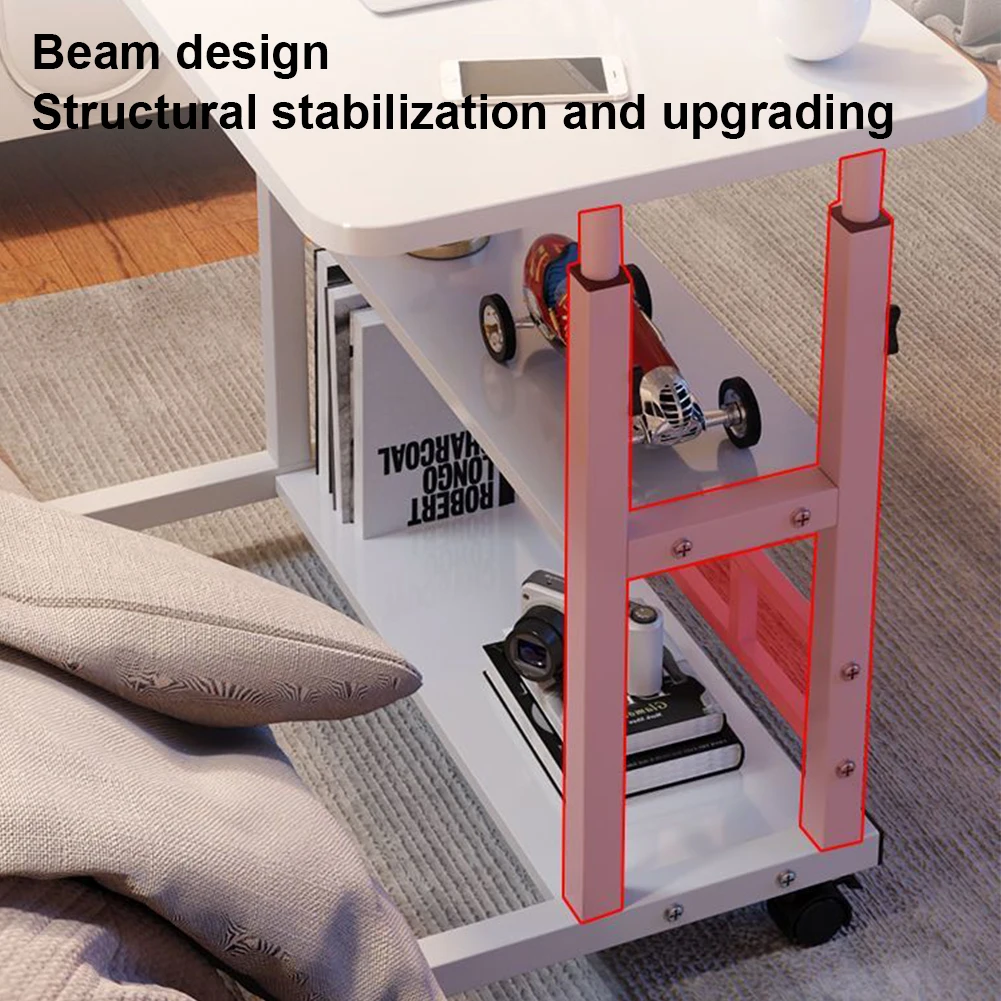 Adjustable Bedside Laptop Desk Multi-Layer Storage Height Adjustable Table with High-Gloss Wood Panel Metal Frame for Home Offic