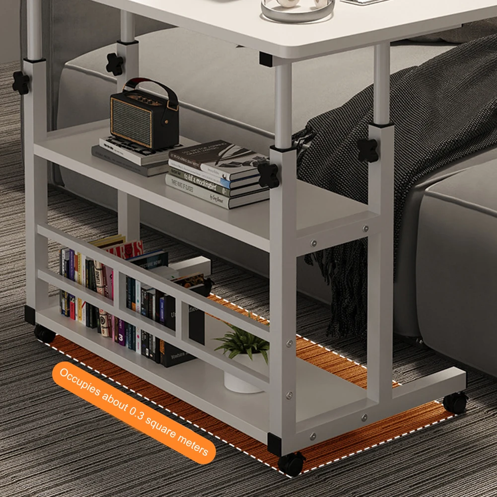 Adjustable Bedside Laptop Desk Multi-Layer Storage Height Adjustable Table with High-Gloss Wood Panel Metal Frame for Home Offic
