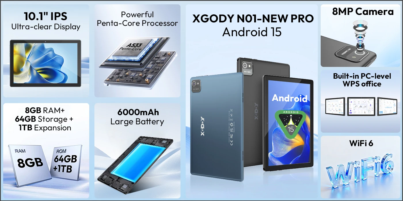 XGODY N01 10.1 Inch 8GB+64GB Android 15 Tablet With Keyboard and Case 2MP+8MP Camera 6000mah High-Performance Tablet Penta-Core