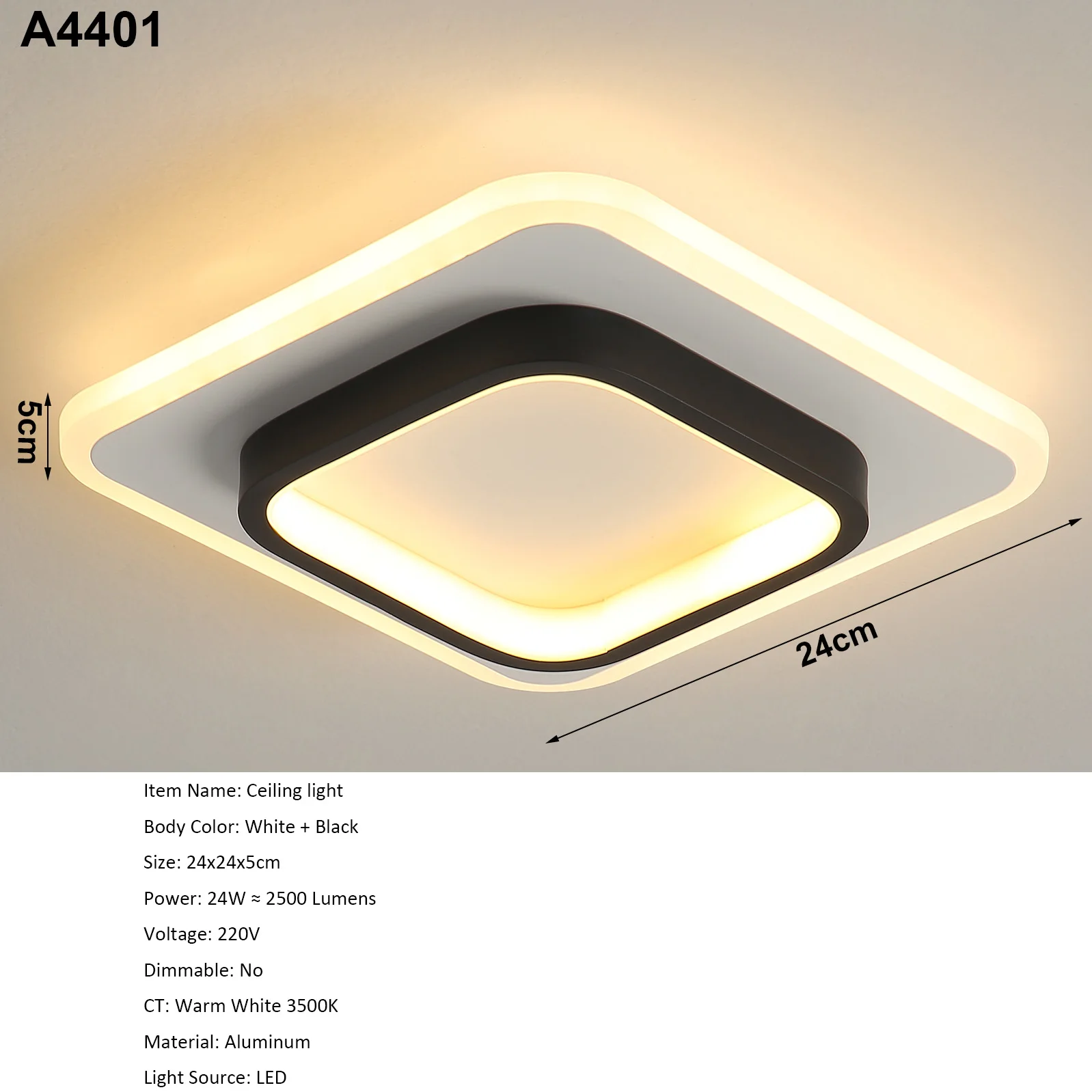 Modern LED Ceiling Light, Acrylic Square Ceiling Lamp Warm White 3500K for Hallway Office Bedroom Kitchen Living Room [Energy E]