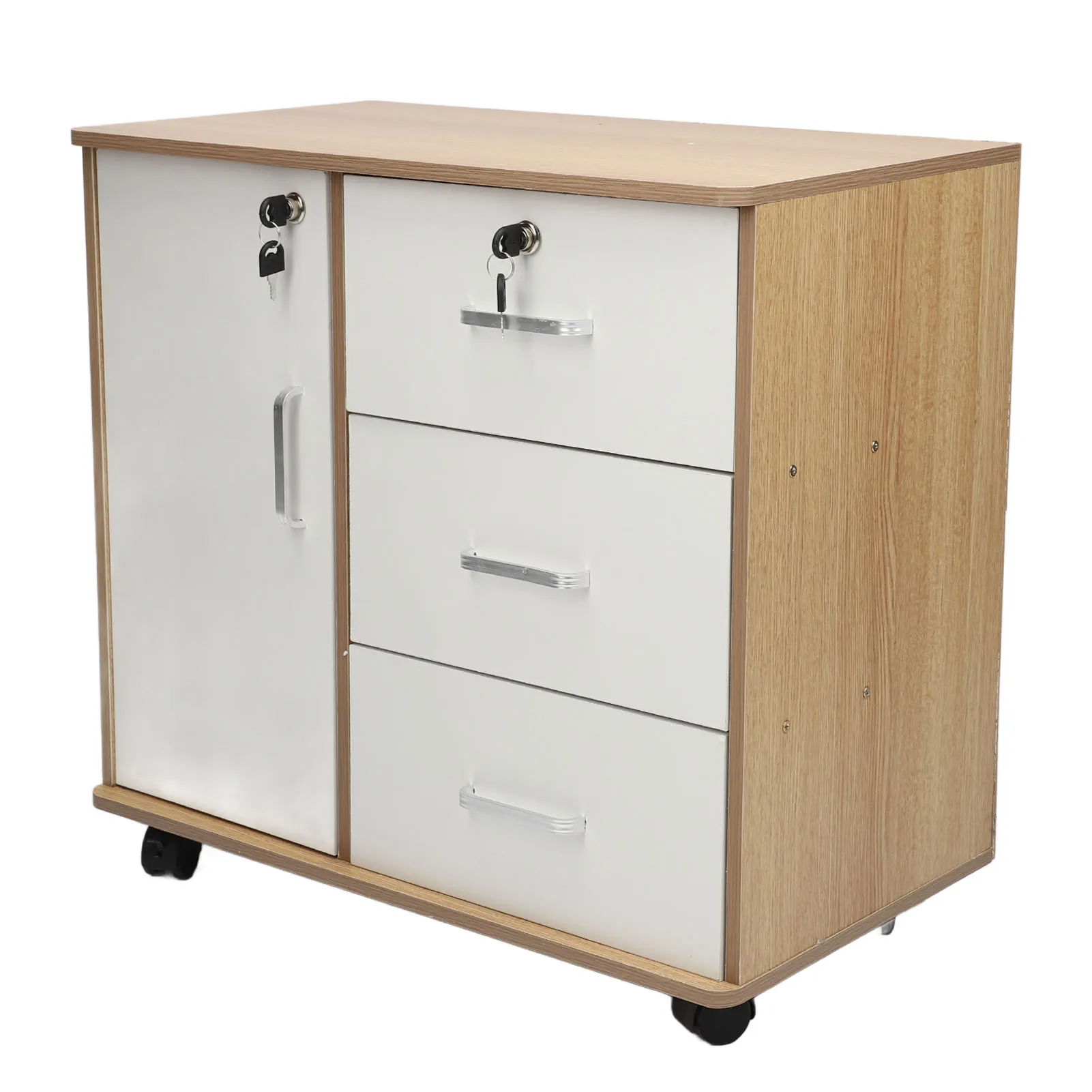 Bedside Storage Cabinet with Lock Removable Wheels Artificial Wood Bedroom End Table Drawer Cabinet for File Document Clothing