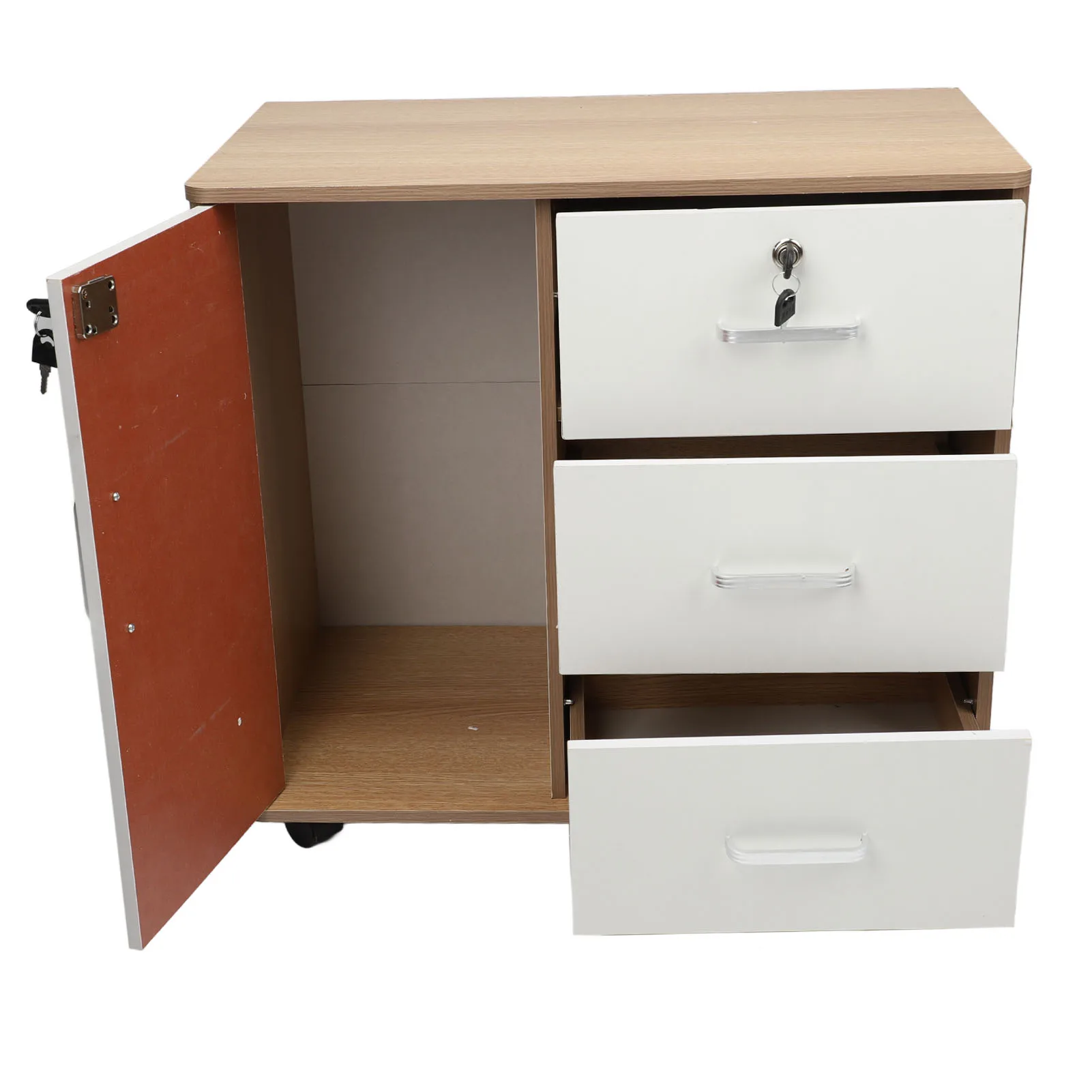 Bedside Storage Cabinet with Lock Removable Wheels Artificial Wood Bedroom End Table Drawer Cabinet for File Document Clothing