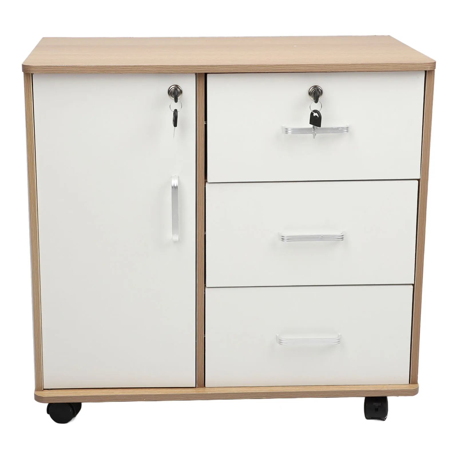 Bedside Storage Cabinet with Lock Removable Wheels Artificial Wood Bedroom End Table Drawer Cabinet for File Document Clothing