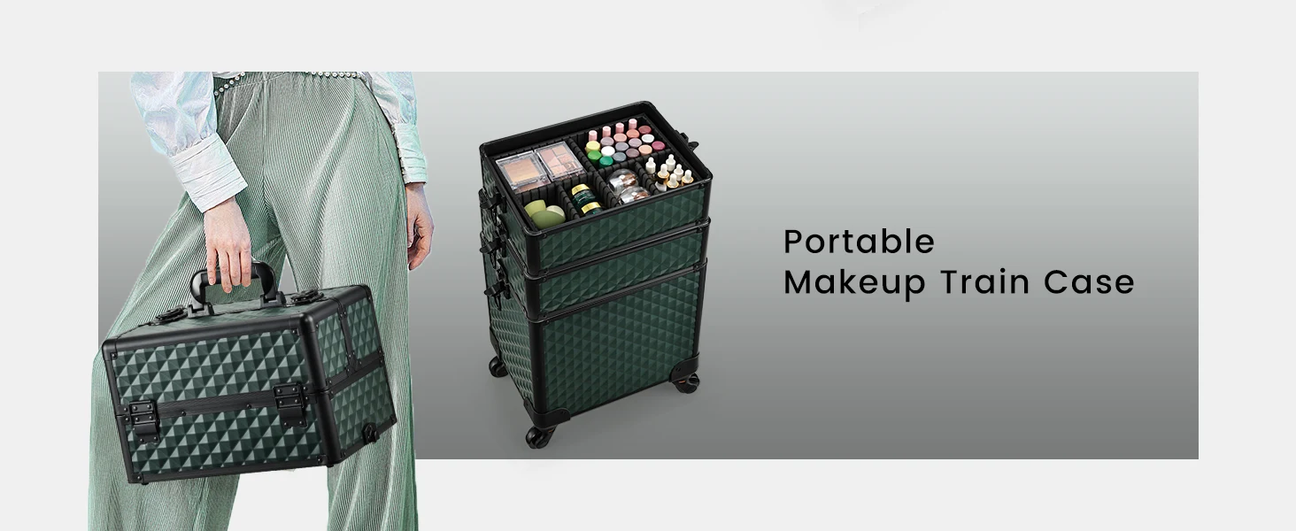 Rolling Cosmetology Case Makeup Train Case on Wheels 4 in 1 Cosmetic Box Makeup Travel Case with Key Storage Traveling Cart