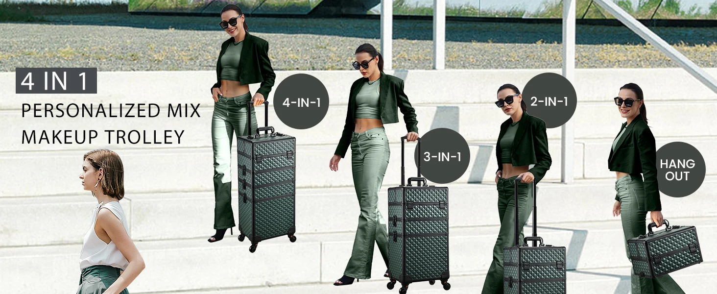 Rolling Cosmetology Case Makeup Train Case on Wheels 4 in 1 Cosmetic Box Makeup Travel Case with Key Storage Traveling Cart
