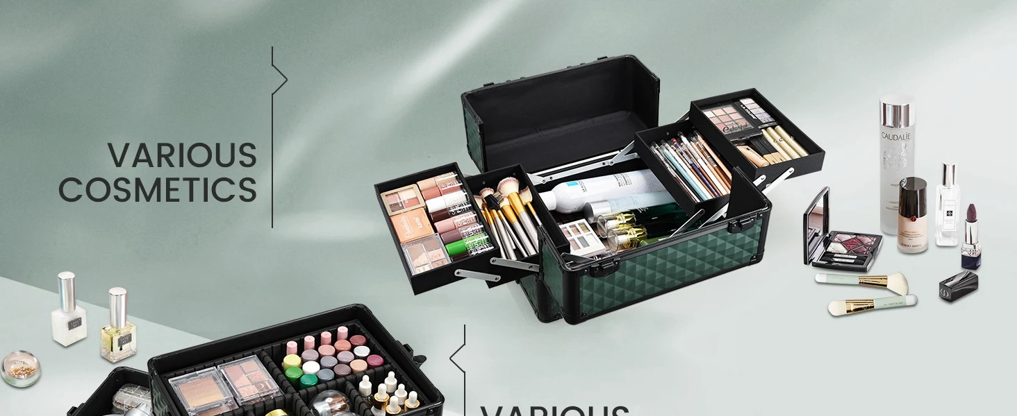 Rolling Cosmetology Case Makeup Train Case on Wheels 4 in 1 Cosmetic Box Makeup Travel Case with Key Storage Traveling Cart
