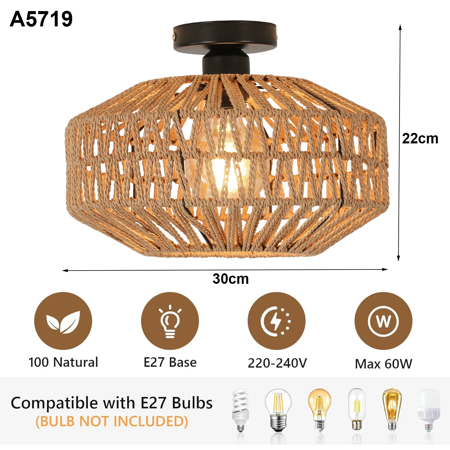 Rattan Ceiling Light E27, Retro Hand-Woven Rattan Chandelier Lamp, Bohemian Pendant Boho Ceiling Light for Living Room Bedroom