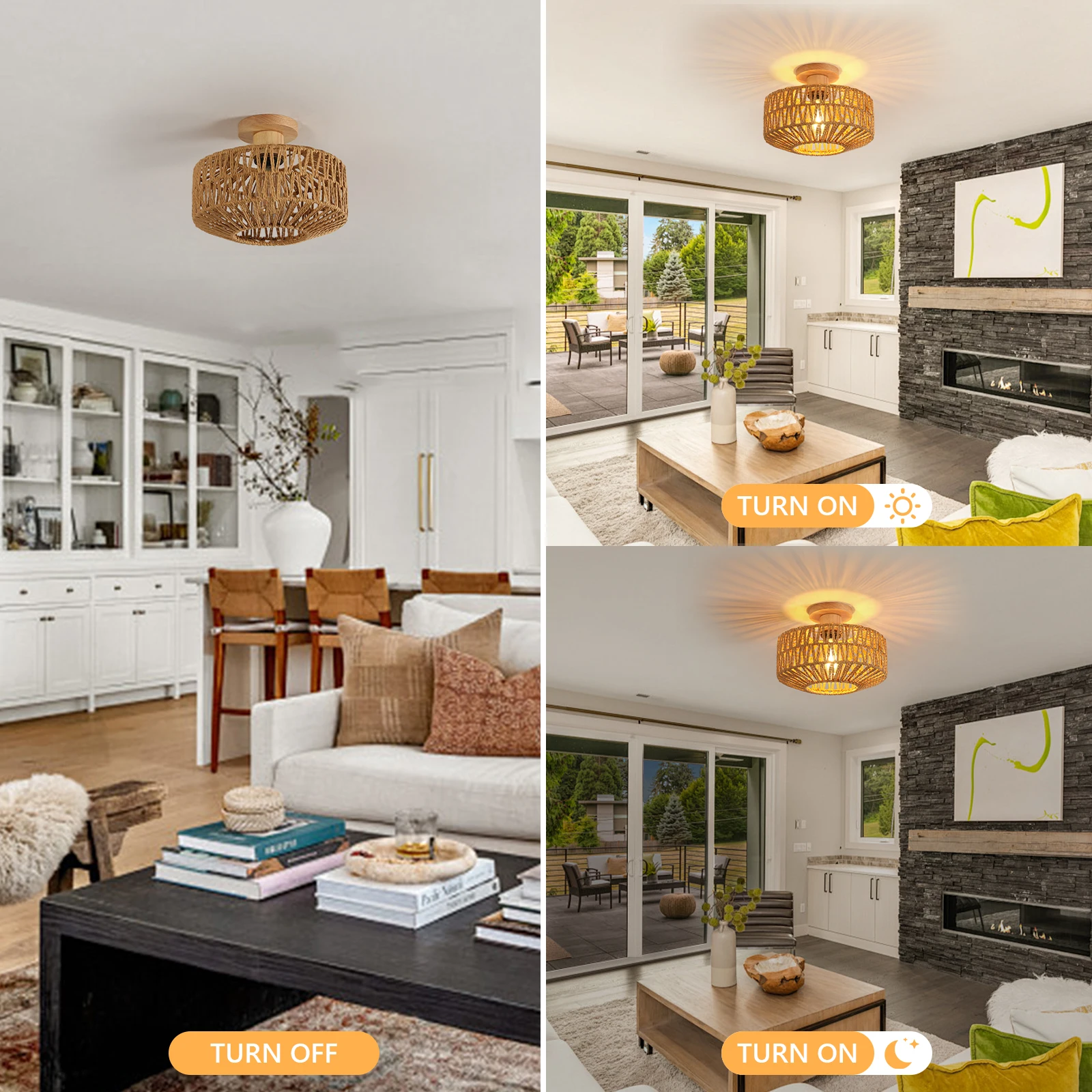 Rattan Ceiling Light E27, Retro Hand-Woven Rattan Chandelier Lamp, Bohemian Pendant Boho Ceiling Light for Living Room Bedroom