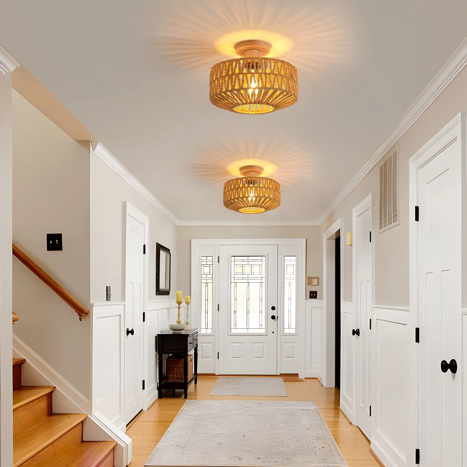 Rattan Ceiling Light E27, Retro Hand-Woven Rattan Chandelier Lamp, Bohemian Pendant Boho Ceiling Light for Living Room Bedroom