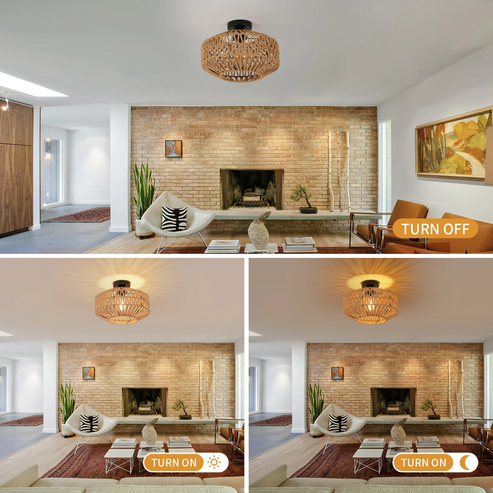 Rattan Ceiling Light E27, Retro Hand-Woven Rattan Chandelier Lamp, Bohemian Pendant Boho Ceiling Light for Living Room Bedroom