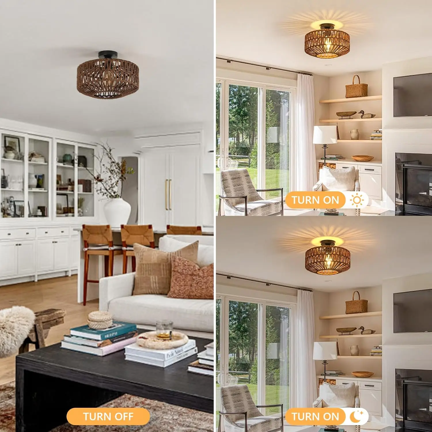 Rattan Ceiling Light E27, Retro Hand-Woven Rattan Chandelier Lamp, Bohemian Pendant Boho Ceiling Light for Living Room Bedroom