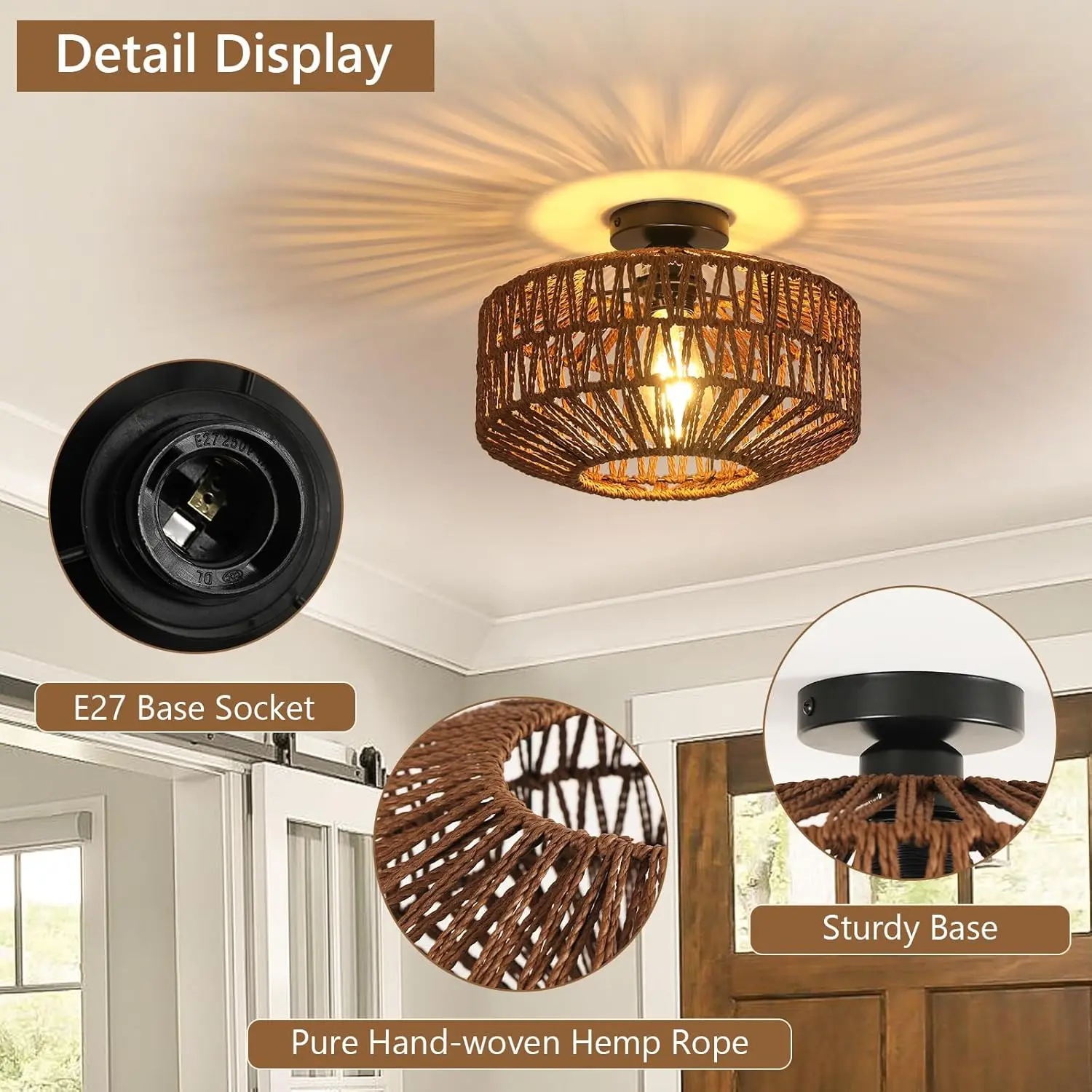 Rattan Ceiling Light E27, Retro Hand-Woven Rattan Chandelier Lamp, Bohemian Pendant Boho Ceiling Light for Living Room Bedroom