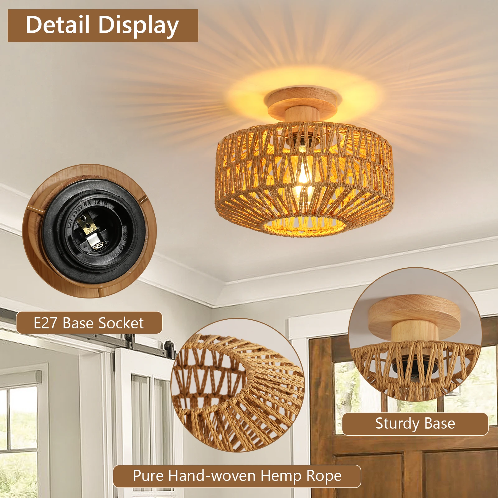 Rattan Ceiling Light E27, Retro Hand-Woven Rattan Chandelier Lamp, Bohemian Pendant Boho Ceiling Light for Living Room Bedroom