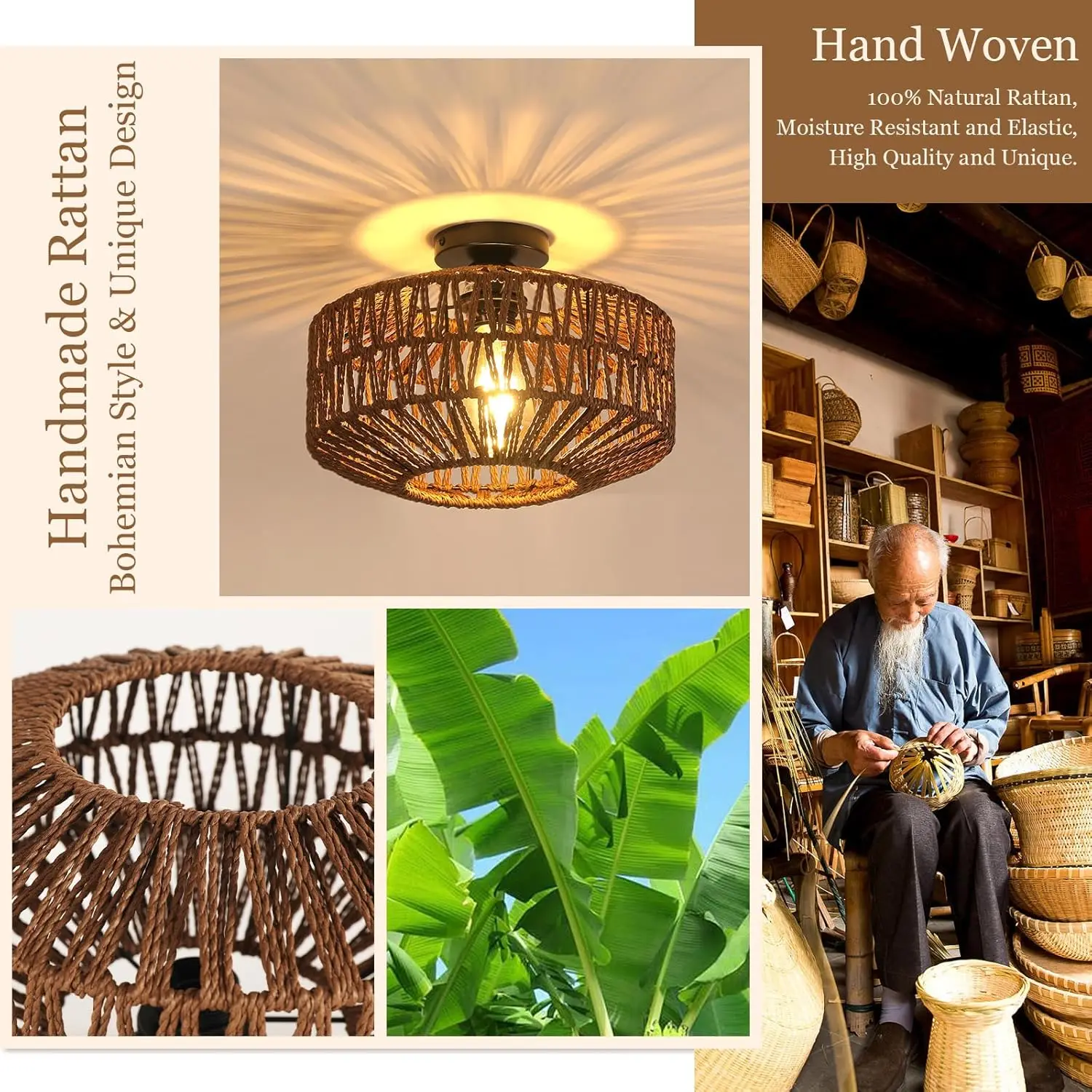 Rattan Ceiling Light E27, Retro Hand-Woven Rattan Chandelier Lamp, Bohemian Pendant Boho Ceiling Light for Living Room Bedroom