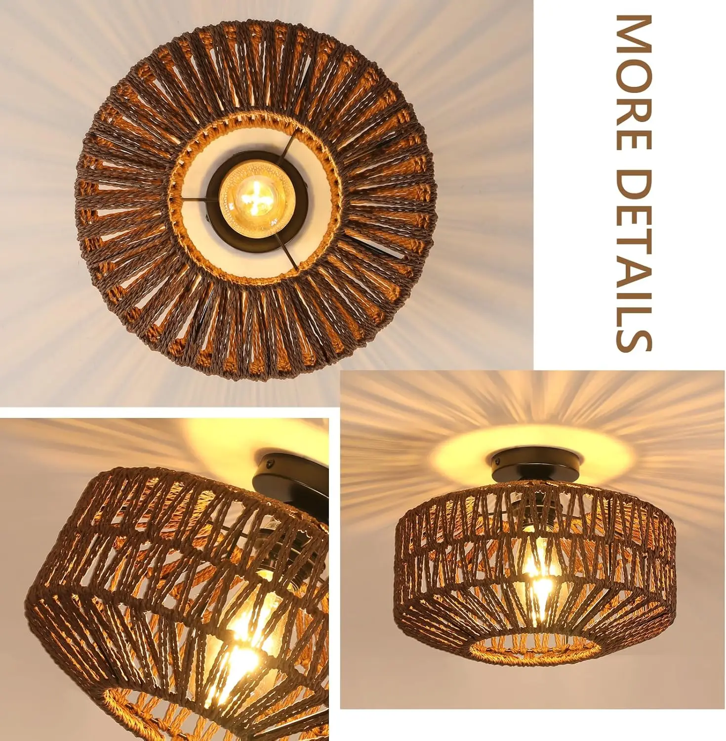 Rattan Ceiling Light E27, Retro Hand-Woven Rattan Chandelier Lamp, Bohemian Pendant Boho Ceiling Light for Living Room Bedroom
