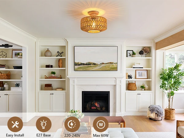 Rattan Ceiling Light E27, Retro Hand-Woven Rattan Chandelier Lamp, Bohemian Pendant Boho Ceiling Light for Living Room Bedroom