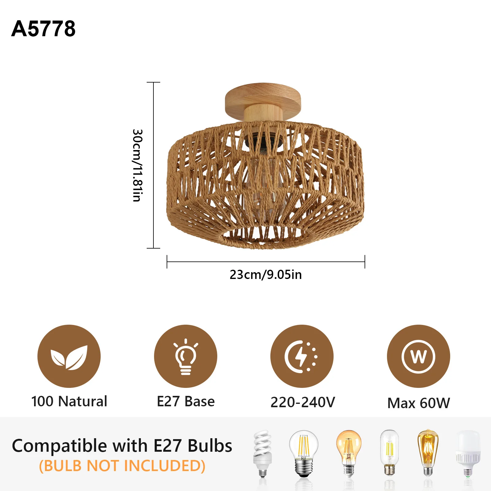 Rattan Ceiling Light E27, Retro Hand-Woven Rattan Chandelier Lamp, Bohemian Pendant Boho Ceiling Light for Living Room Bedroom