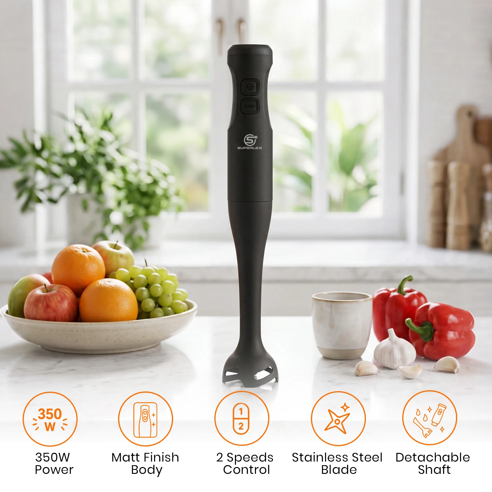 SUPERLEX 350W Stick Blender Electric Immersion Hand Blender, 2 Speed Control Stainless Steel Blending Shaft, Detachable Design for Soups, Smoothies, Sauces and Homemade Baby Food