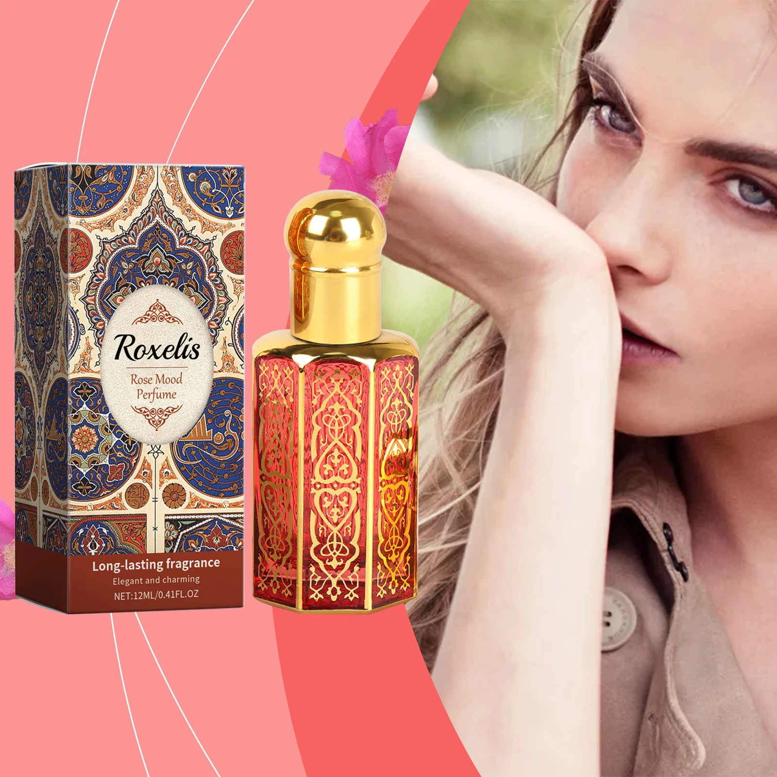 Roxelis 12ml Arab Perfume Rose Elegant Fragrance Arab Dubai Style Lasting Pheromone Dating Scent Attract Charming Rose Perfume