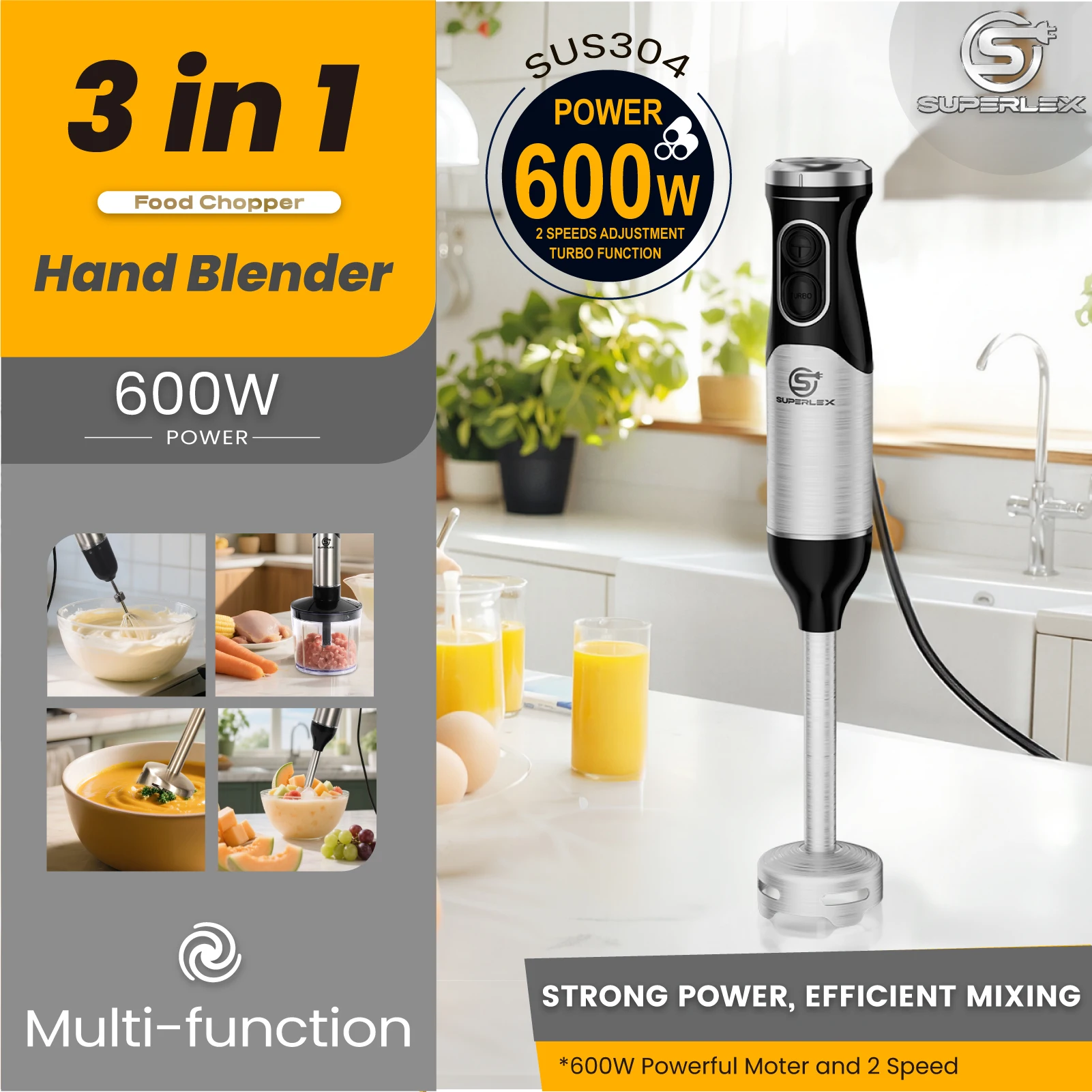 SUPERLEX 3 in 1 Immersion Hand Blender 600W Power Hand Stick Blender Mixer Vegetable Meat Grinder with 304 Stainless Steel Blade