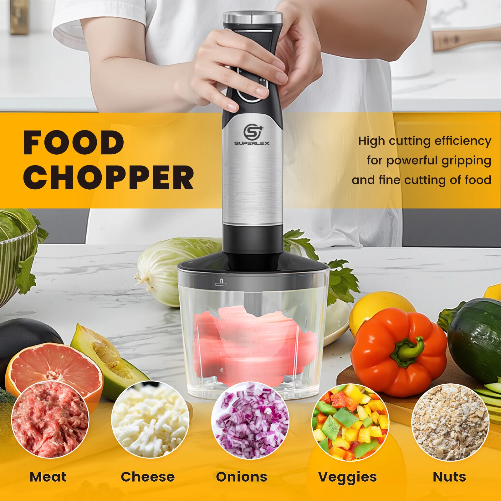 SUPERLEX 3 in 1 Immersion Hand Blender 600W Power Hand Stick Blender Mixer Vegetable Meat Grinder with 304 Stainless Steel Blade