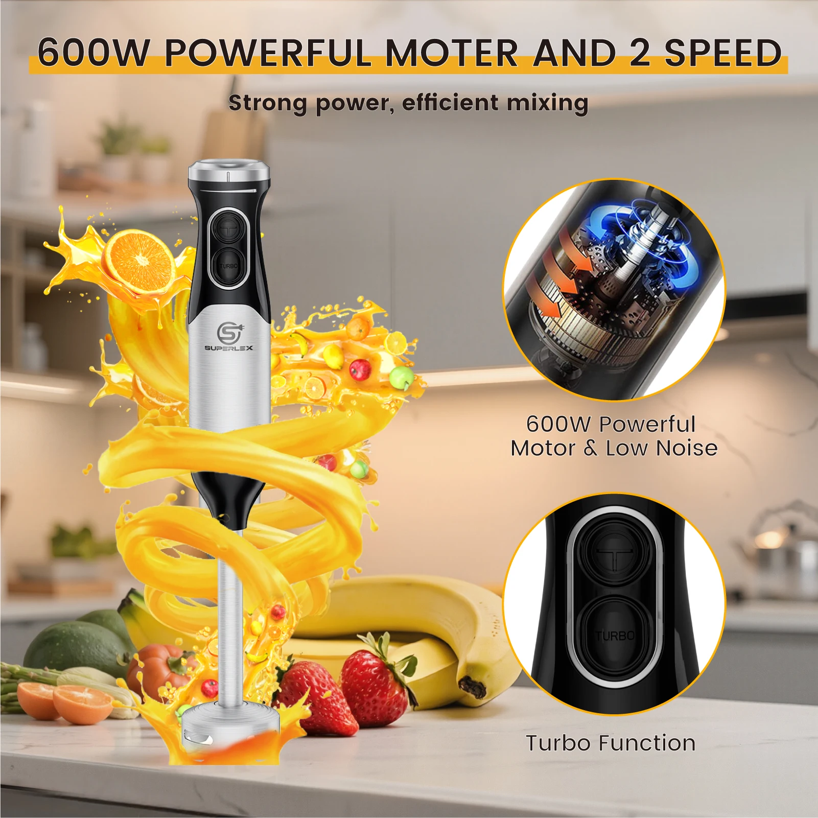 SUPERLEX 3 in 1 Immersion Hand Blender 600W Power Hand Stick Blender Mixer Vegetable Meat Grinder with 304 Stainless Steel Blade
