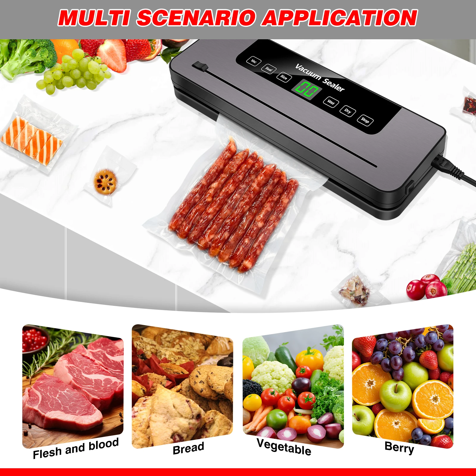 BRIEFNESS 6-in-1 Automatic Vacuum Sealer with Cutter, 6 Modes & 10 Bags for Meat, Vegetables, Snacks, Dry/Wet Food Preservation