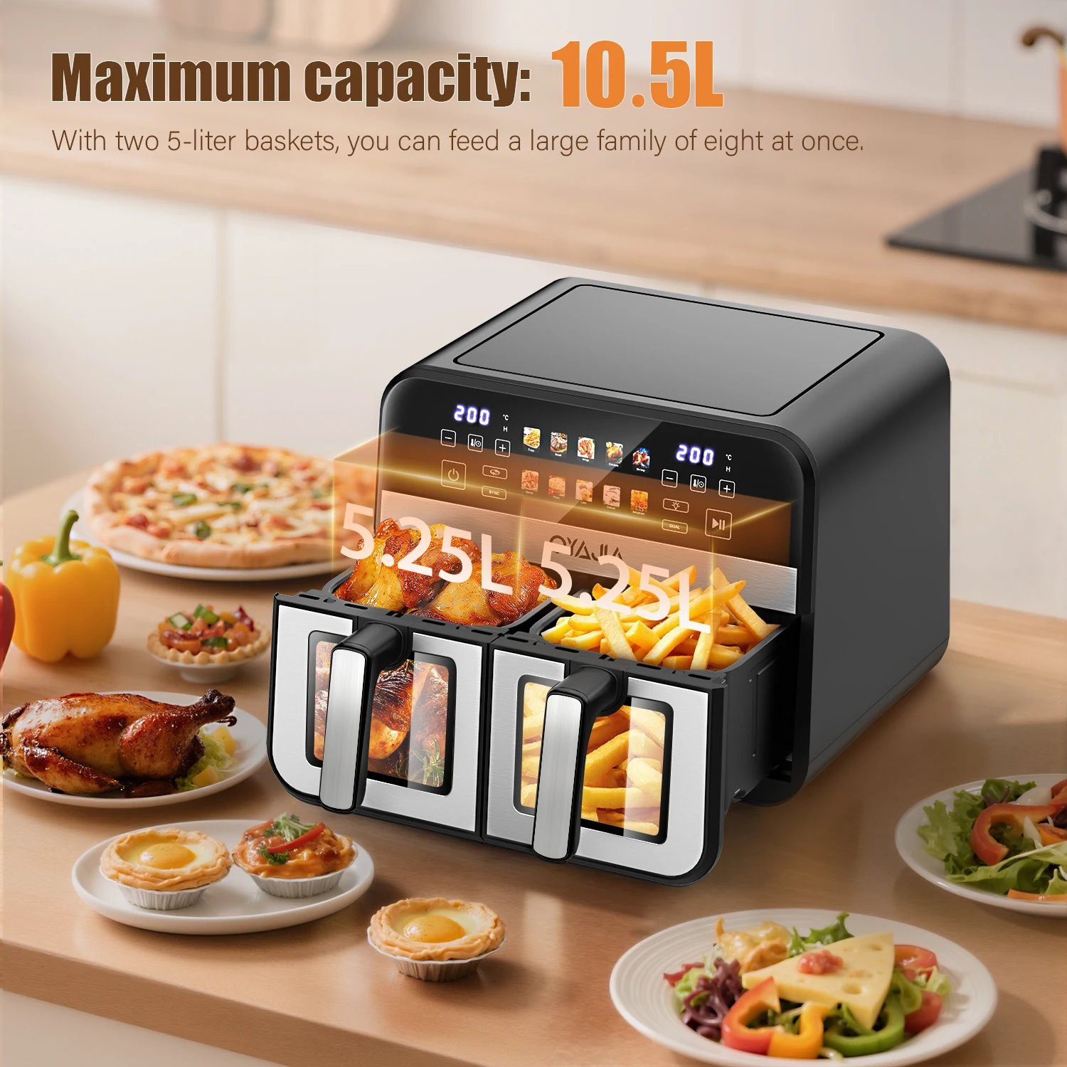 10.5L Air Fryer Double Basket Touch Display, Viewing Window, 10 Functions XXL