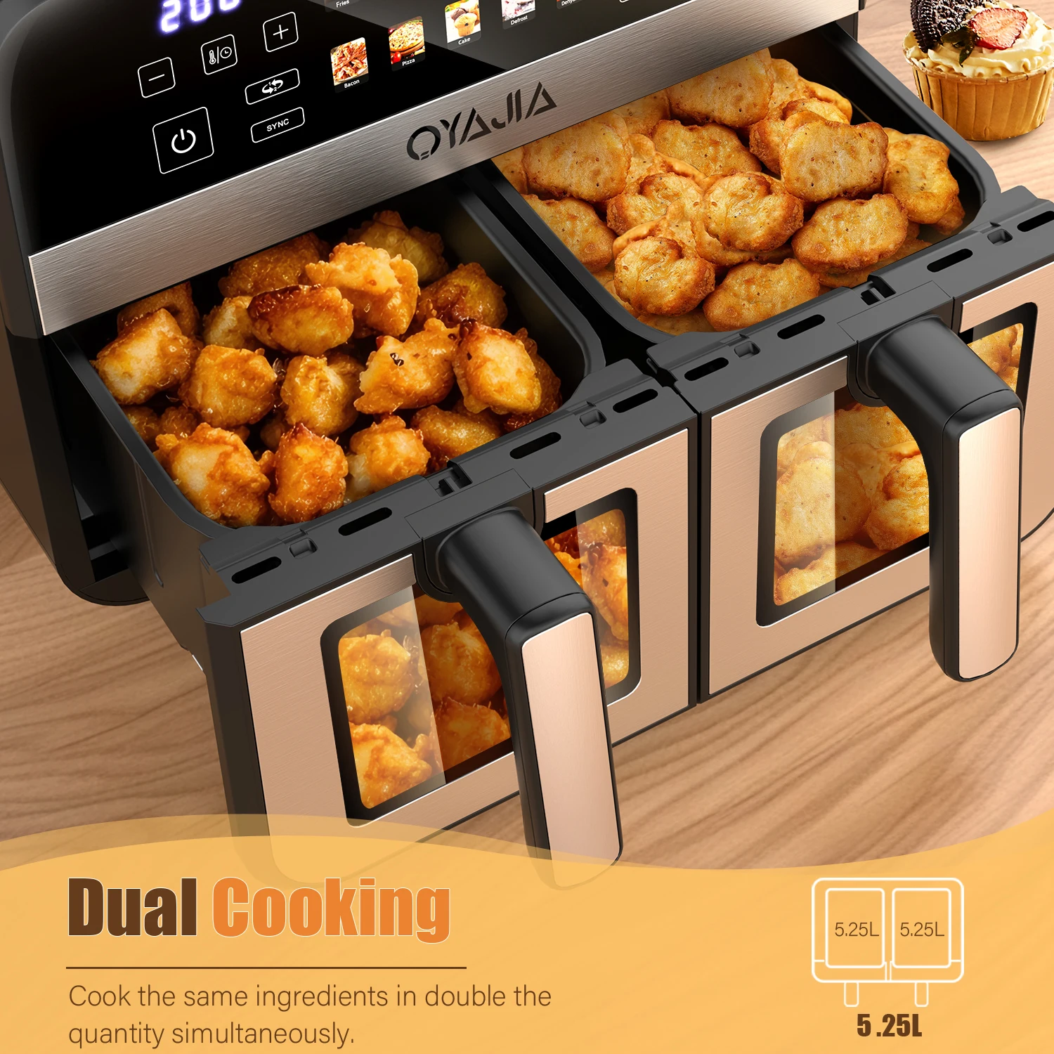 10.5L Air Fryer Double Basket Touch Display, Viewing Window, 10 Functions XXL