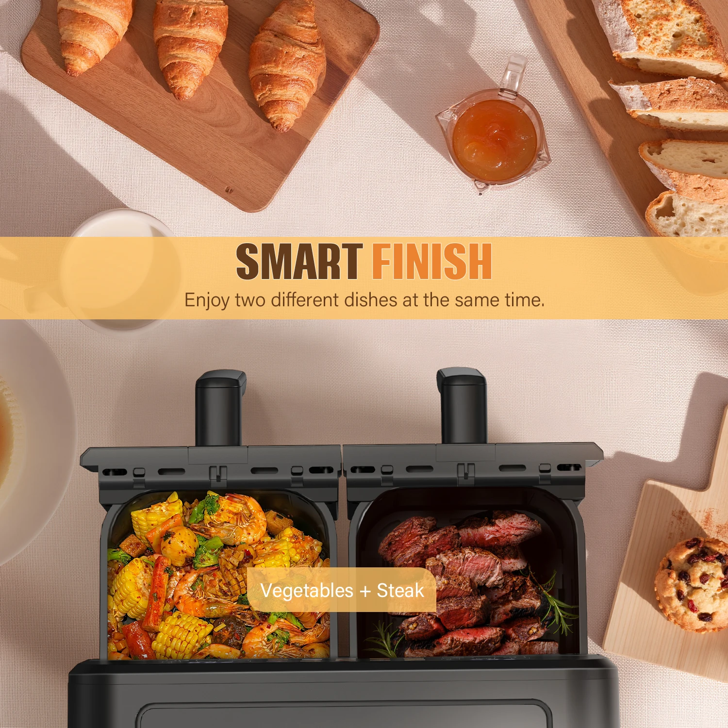 10.5L Air Fryer Double Basket Touch Display, Viewing Window, 10 Functions XXL