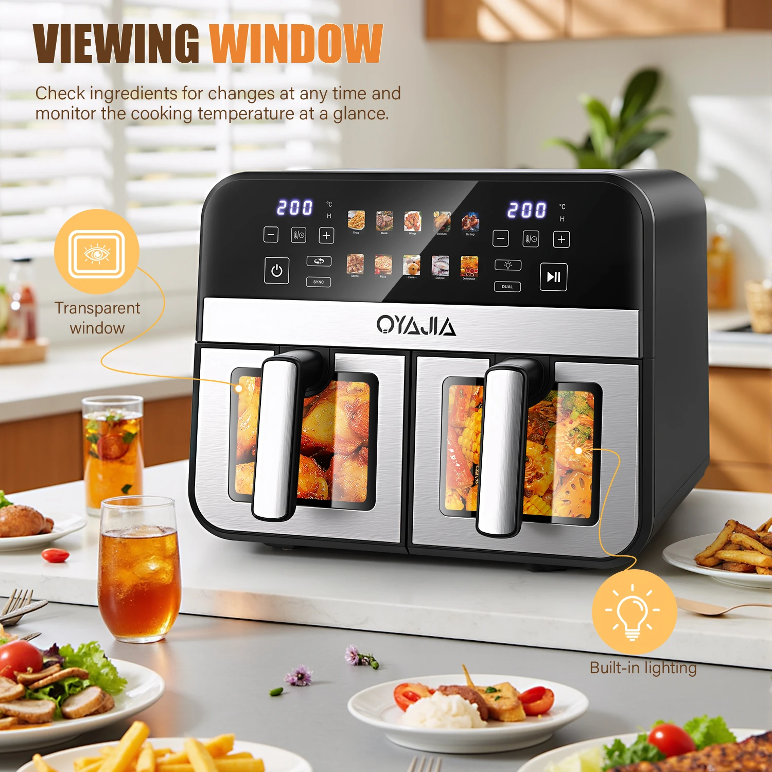 10.5L Air Fryer Double Basket Touch Display, Viewing Window, 10 Functions XXL