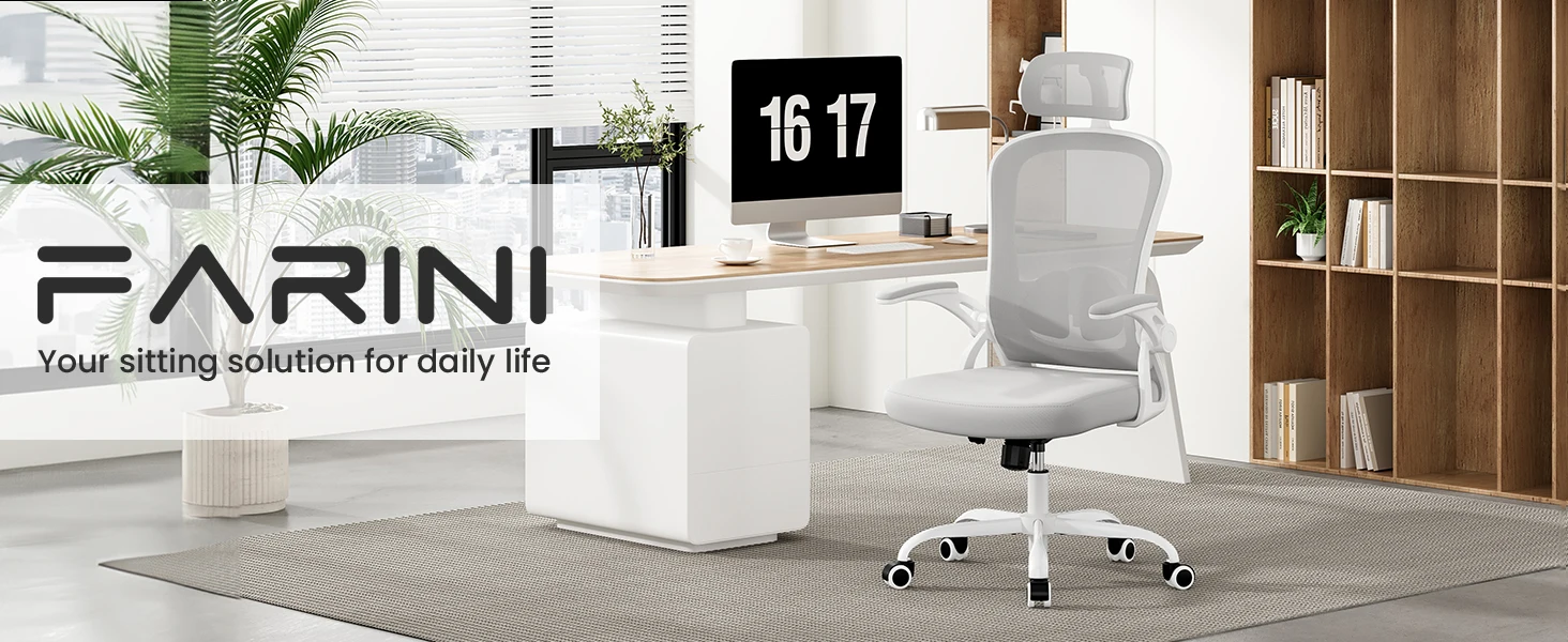 Farini Ergonomic Office Chair with Adjustable Lumbar Support & Headrest, High Back Executive Chair with Flip-Up Arms