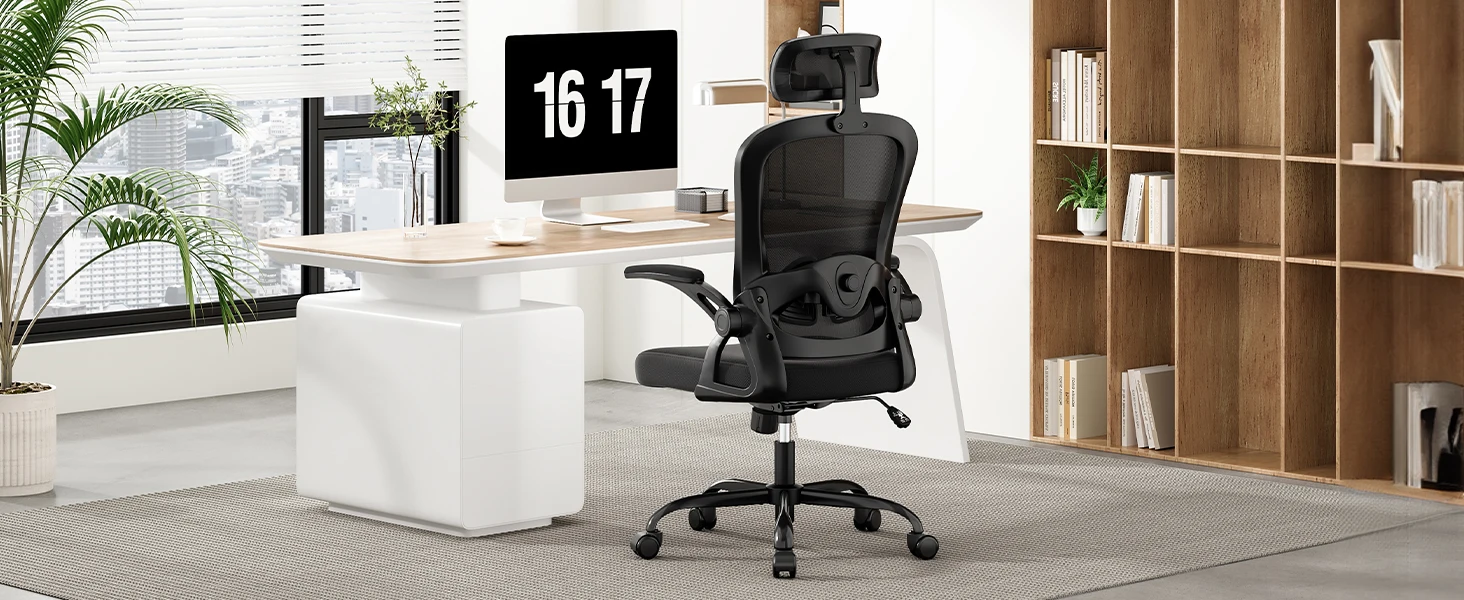 Farini Ergonomic Office Chair with Adjustable Lumbar Support & Headrest, High Back Executive Chair with Flip-Up Arms