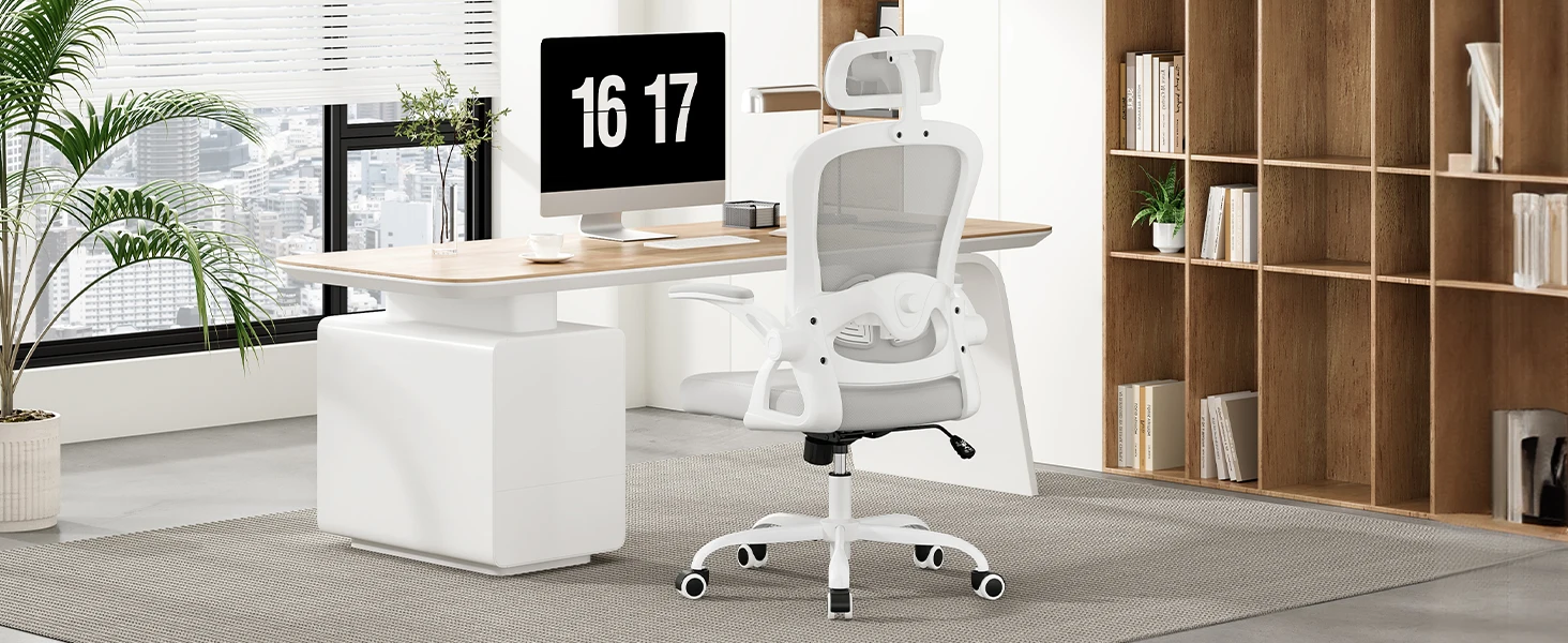 Farini Ergonomic Office Chair with Adjustable Lumbar Support & Headrest, High Back Executive Chair with Flip-Up Arms