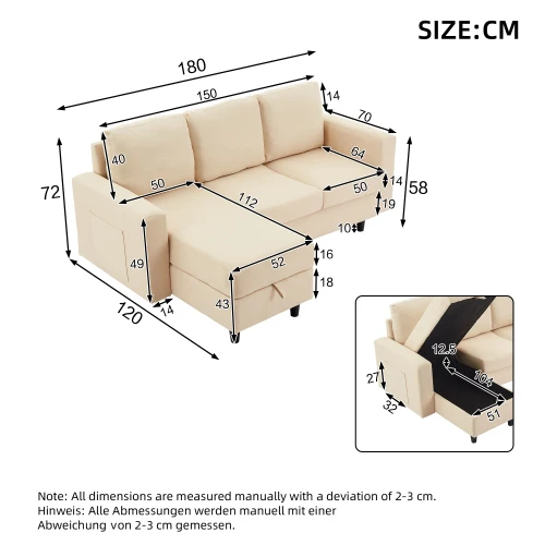 L-Shaped Couch Sofa with Storage,3 Seater Corner Sofa with USB, LED lights,Sofa Couches with side pockets