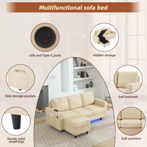 L-Shaped Couch Sofa with Storage,3 Seater Corner Sofa with USB, LED lights,Sofa Couches with side pockets