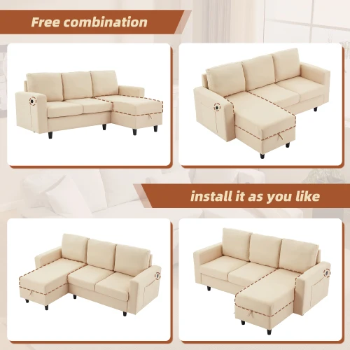 L-Shaped Couch Sofa with Storage,3 Seater Corner Sofa with USB, LED lights,Sofa Couches with side pockets