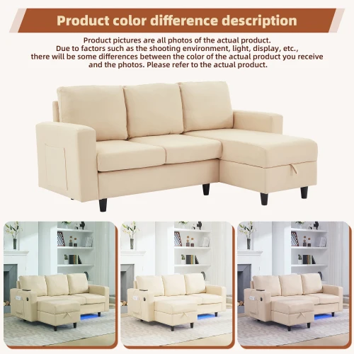 L-Shaped Couch Sofa with Storage,3 Seater Corner Sofa with USB, LED lights,Sofa Couches with side pockets