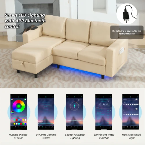 L-Shaped Couch Sofa with Storage,3 Seater Corner Sofa with USB, LED lights,Sofa Couches with side pockets