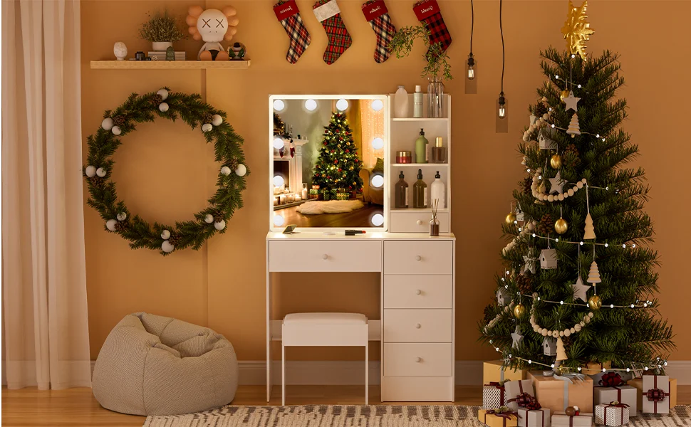 White Modern Vanity Set with 10 LED Lights Mirror 6 Drawers & Stool 3 Color Dimmable Easy Assembly Small Space Makeup Desk