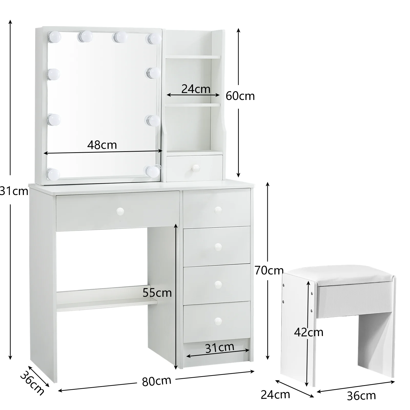White Modern Vanity Set with 10 LED Lights Mirror 6 Drawers & Stool 3 Color Dimmable Easy Assembly Small Space Makeup Desk