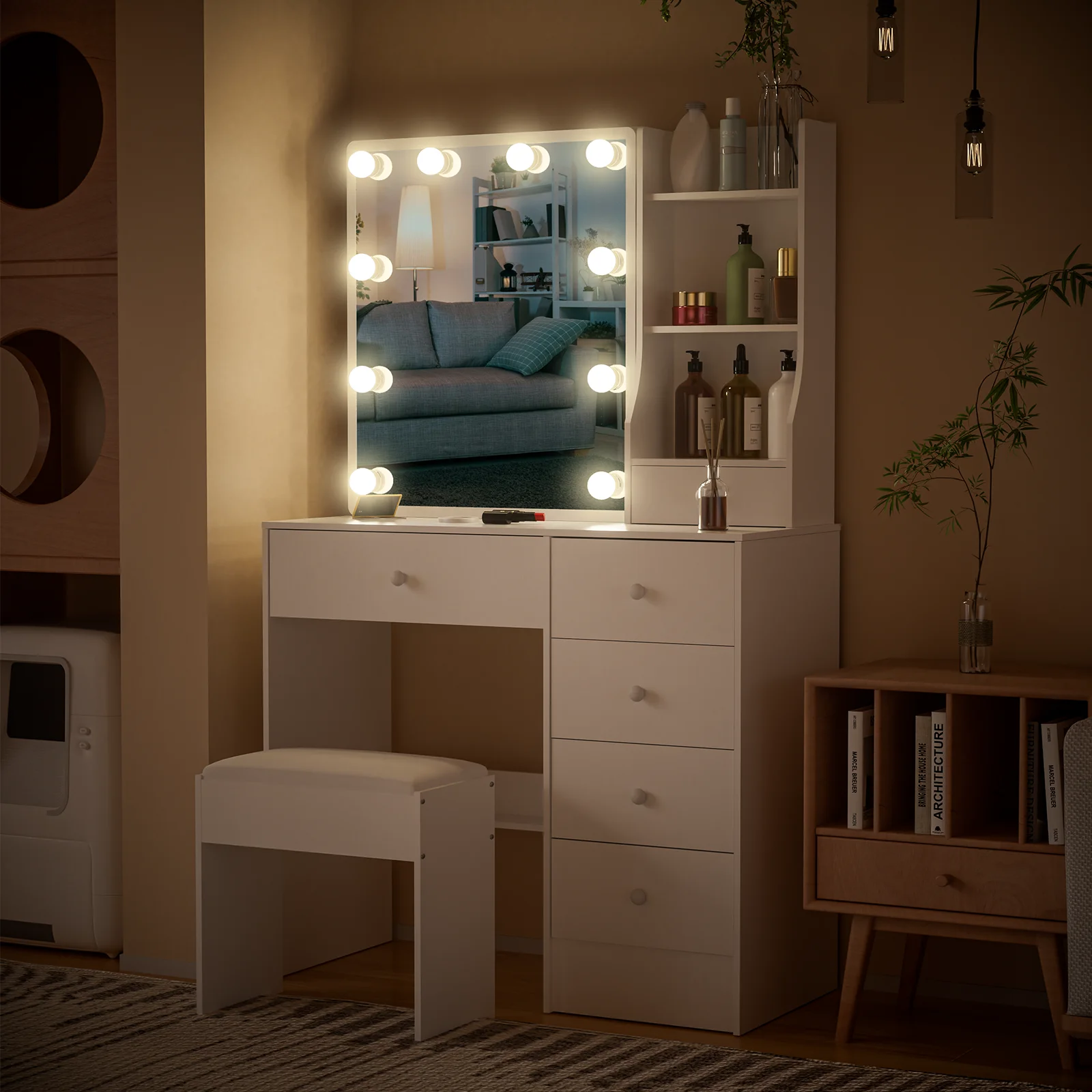 White Modern Vanity Set with 10 LED Lights Mirror 6 Drawers & Stool 3 Color Dimmable Easy Assembly Small Space Makeup Desk
