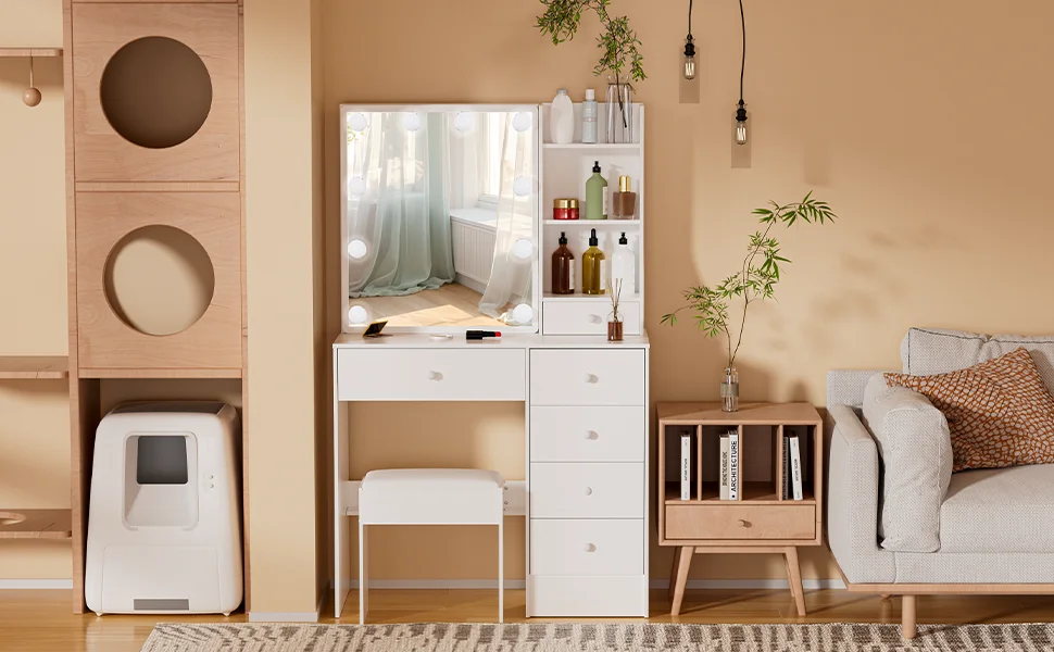 White Modern Vanity Set with 10 LED Lights Mirror 6 Drawers & Stool 3 Color Dimmable Easy Assembly Small Space Makeup Desk
