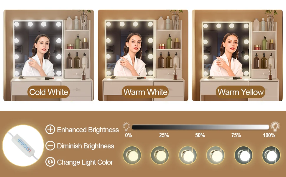 White Modern Vanity Set with 10 LED Lights Mirror 6 Drawers & Stool 3 Color Dimmable Easy Assembly Small Space Makeup Desk