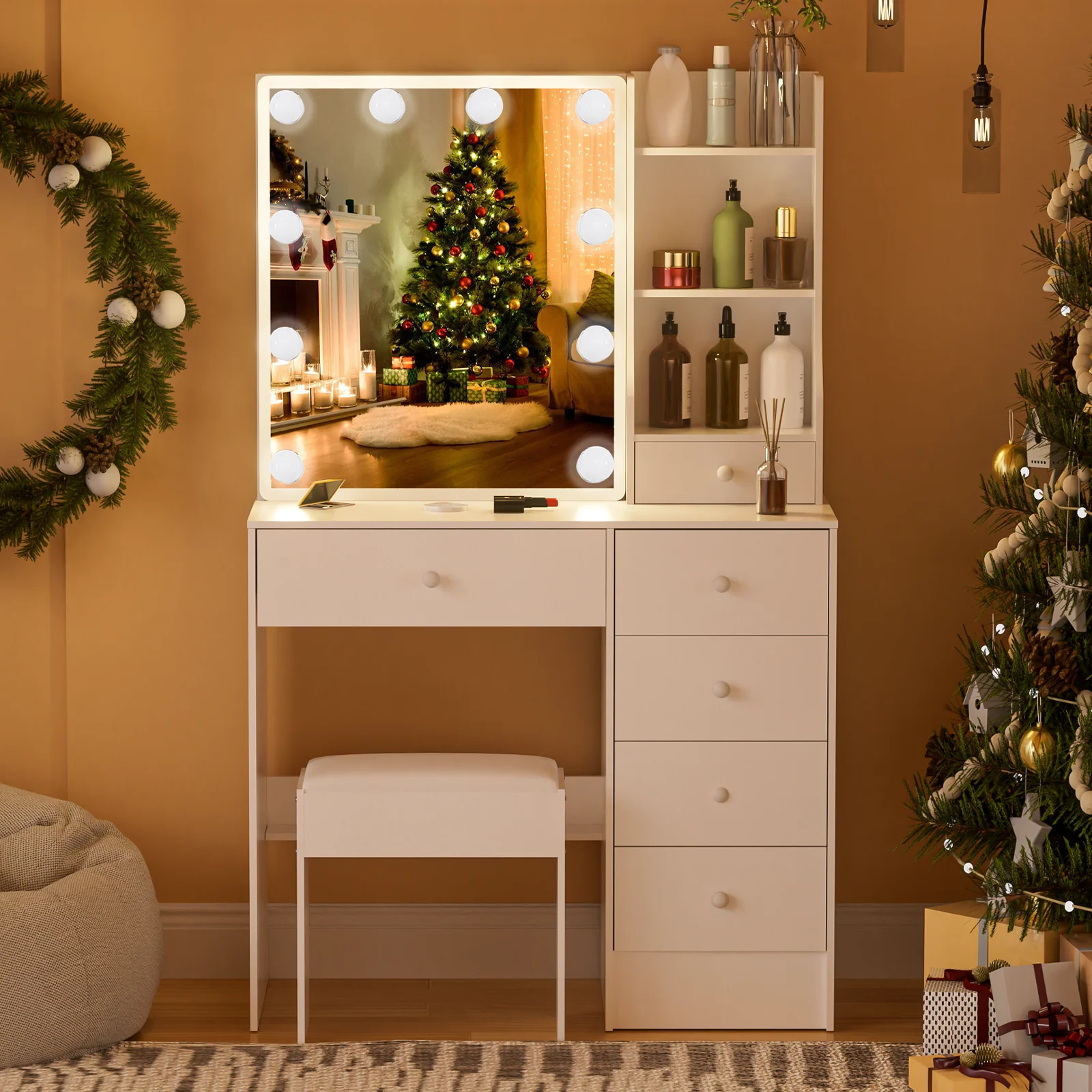White Modern Vanity Set with 10 LED Lights Mirror 6 Drawers & Stool 3 Color Dimmable Easy Assembly Small Space Makeup Desk