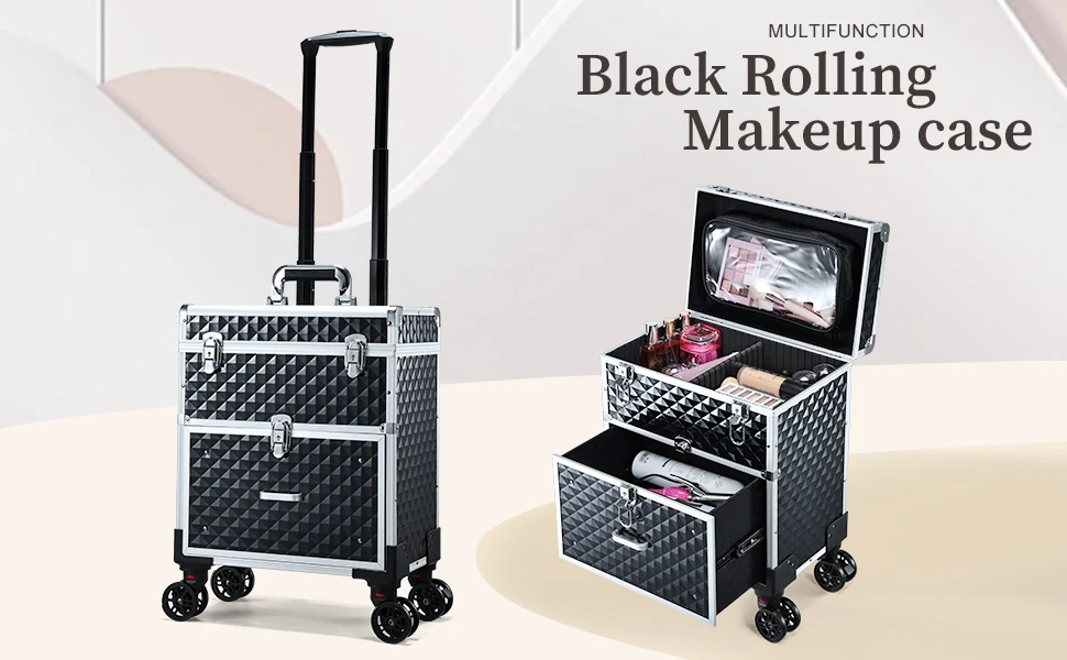 Professional Rolling Makeup Case Trolley with Drawer Cosmetic Train Case Large Storage Case Cosmetology Case Detachable Bag