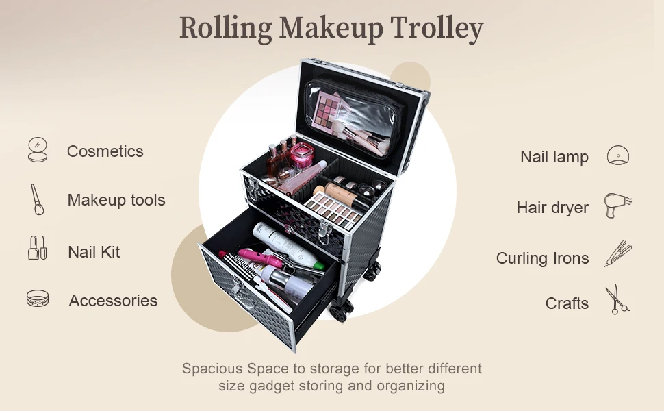 Professional Rolling Makeup Case Trolley with Drawer Cosmetic Train Case Large Storage Case Cosmetology Case Detachable Bag
