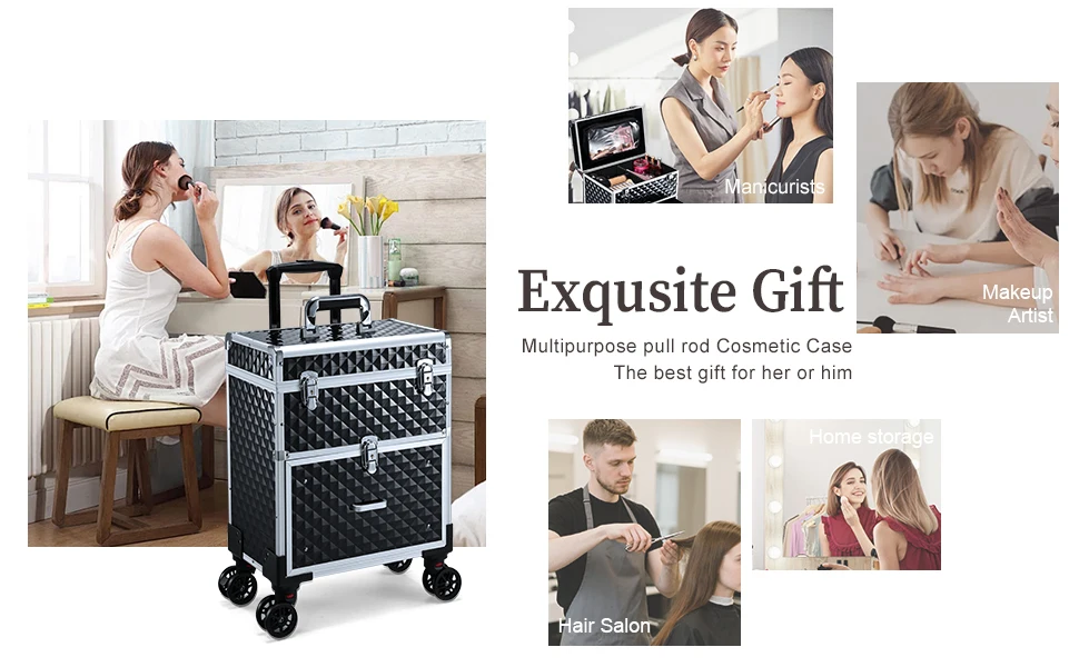 Professional Rolling Makeup Case Trolley with Drawer Cosmetic Train Case Large Storage Case Cosmetology Case Detachable Bag